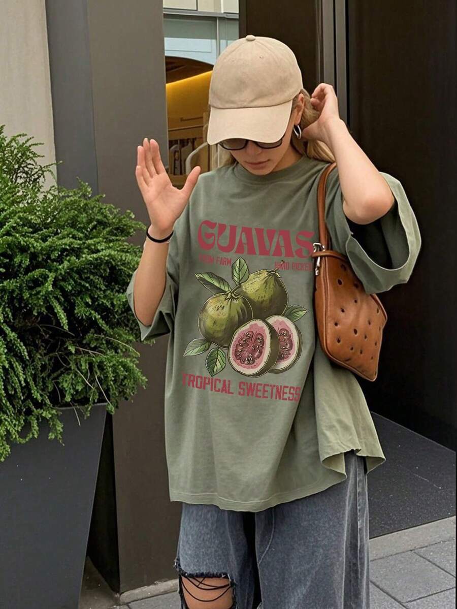 New Soft & Versatile Casual Women Loose Fitting Crew Neck Summer Breathable Fruit Print T-Shirt - Green - View 1