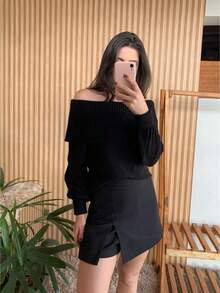 Knit Blouse With Off-The-Shoulder Yoke And Long Sleeves - màu đen - Xem 2