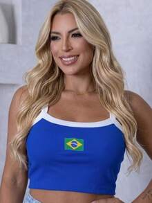 Women's Cropped Tank Top With Ribbed Straps, Embroidered Brazil Cup 2026 Vibe Design, Contrasting Waist, Open Back / Backless Embroidery, Beachwear - 藍色 - 查看 5