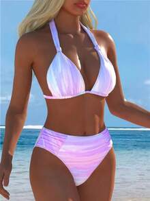 Conjunto de bikini triángulo con cuello de halter degradado para mujer, adecuado para vacaciones de verano en la playa - Multicolor - Ver 3