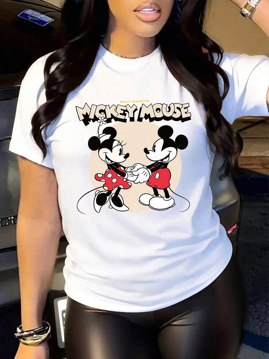 Disney Womens Classic Mickey Mouse Print White Cotton Short Sleeve Round Neck Casual T-Shirt Top - trắng - Xem 1