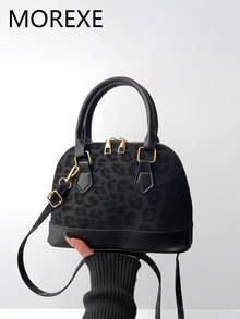 女士贝壳手提包，时尚豹纹黑色托特包，女士手提斜挎包，多功能 - 黑色 - 查看 2