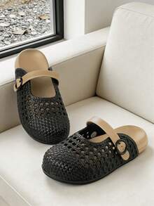 Women's Black Woven EVA Mary Jane Clogs, Breathable Summer Slip-On Sandals With Beige Adjustable Strap - Black - View 2