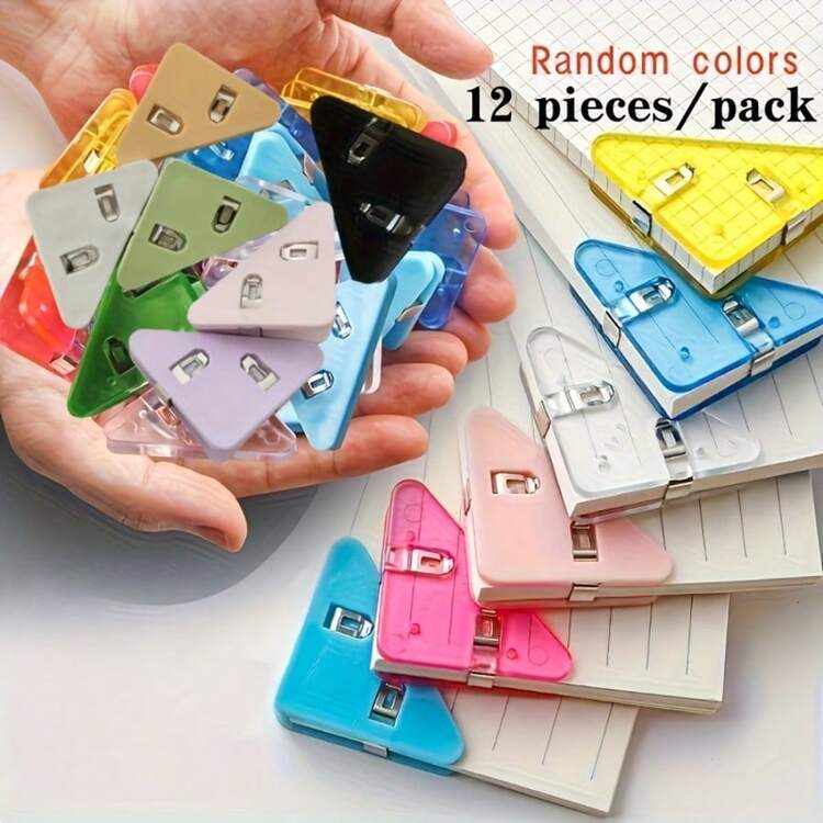 12pcs/Set Multi-Functional Triangle Clips, Designed For Organizing Study Materials, Documents And Books. These Clips Prevent Bending And Can Be Used For Notes And Bills, Suitable For Office, Study And Home Use [Random Color] - Multicolor - View 1