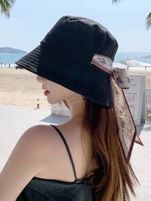 1 chiếc mũ rộng vành nữ màu trơn, kiểu dáng thường ngày, có nơ ruy băng, thích hợp cho bãi biển, kỳ nghỉ, hoạt động ngoài trời hàng ngày, mùa hè. - Nhiều màu - Xem 12