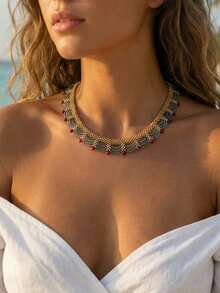 1pc Fashionable Retro Modern Street Style Multi-Layer Lace Red & Blue Contrast Beaded Necklace, Suitable For Parties, Vacations, Gifts, And Daily Wear - Multicolor - View 2