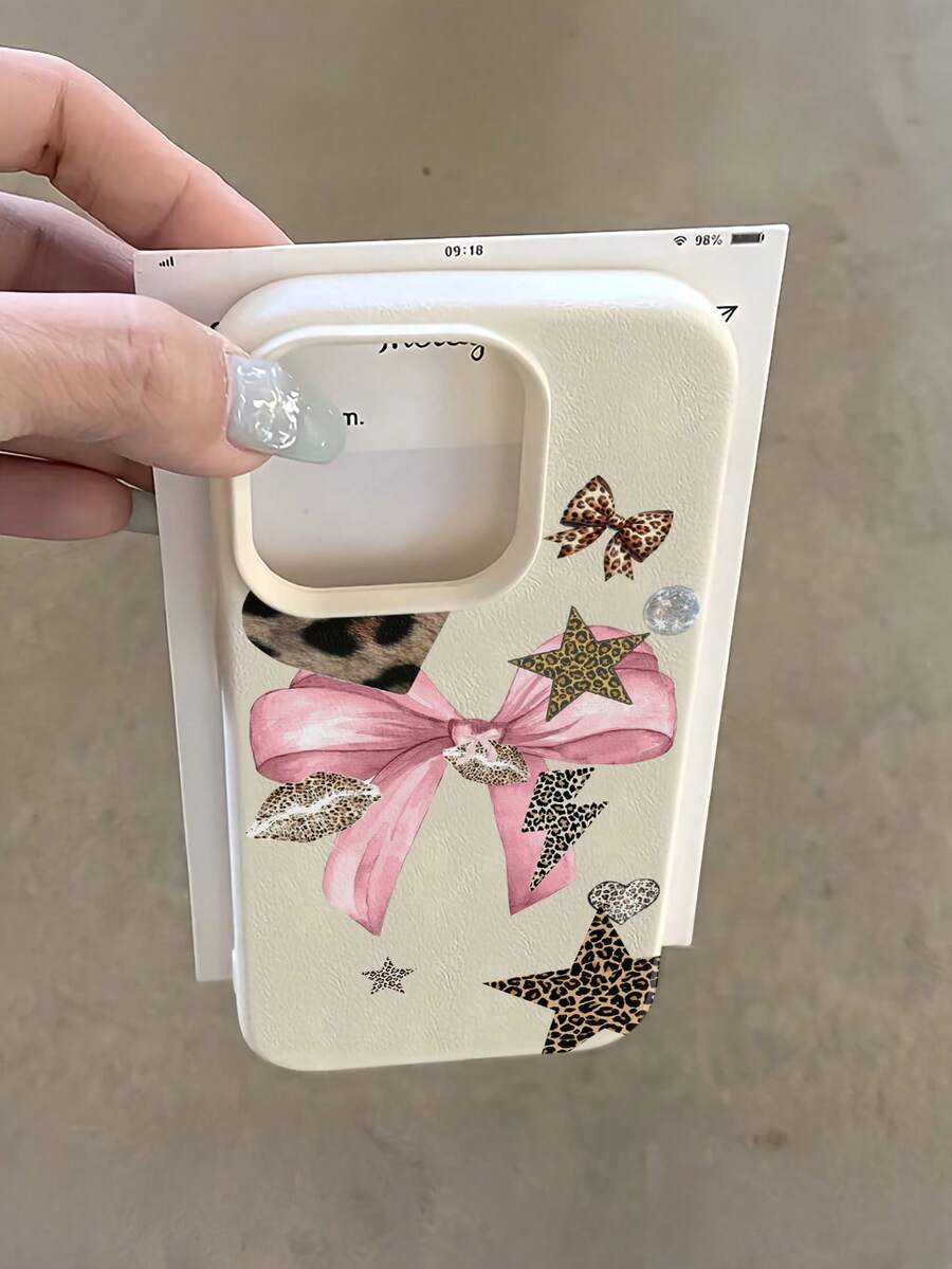 1pc White Leopard Print Star Bow Minimalist Full Coverage TPU Shockproof Phone Case Compatible With IPhone 17, 16, 15, 14, 13, 12, 11 Pro Max, Air, Series - Multicolor - View 1
