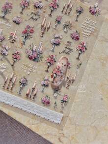 1pc Romantic Candleholder Lace Climbing Rose Pink Candlestick Ribbon Adhesive Nail Art Stickers Shining Nail Stickers - Multicolor - View 4