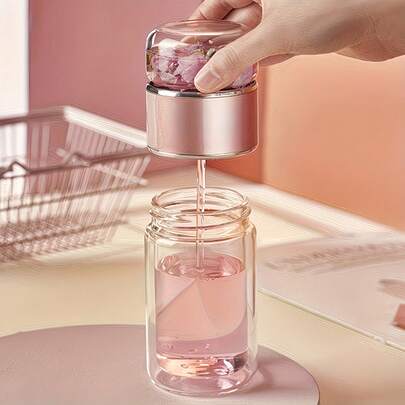 1pc Double-Layer Heat-Resistant Glass Cup With Tea Strainer, Portable Car Coffee Mug, Water Cup, Heat-Resistant And Easy To Carry. Reusable Tea Strainer Layer, Designed For Home And Travel Use.