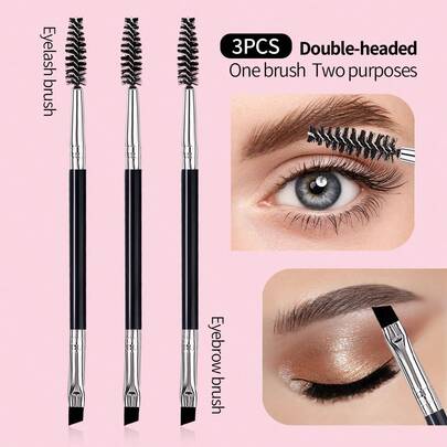 3PCS Black/Pink Eyebrow Brush, Professional Double-Ended Angled Eye Brow And Spoolie Brush,For Eyebrow, Eyeliner And Eyelash Makeup,Portable Household Use