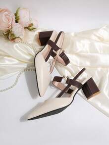 Beige Pointed Toe High Heel Mules With Buckle Strap And Hollow-Out Design, Elegant Office Slip-On Casual High Heel Pumps - Beige - View 7