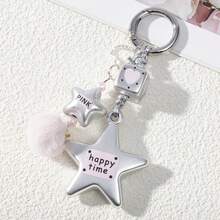 1 pieza Llavero con pompón de peluche con forma de corazón lindo para mujer, llavero personalizado con dado de plata mate con estrella de cinco puntas, regalo para mejor amiga - Multicolor - Ver 4