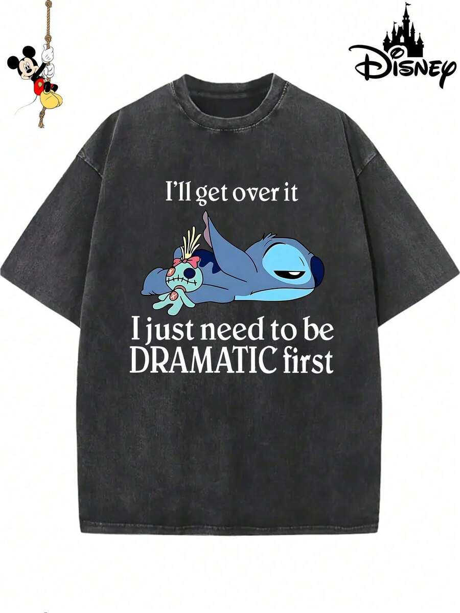 Disney Official Licensed Lilo & Stitch "I'll Get Over It" Graphic T Shirts 100 Percent Cotton Disney Shirt Washed 230g Unisex - 黑色 - 查看 1