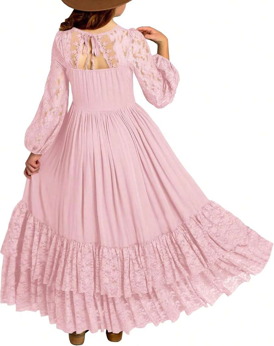2026 Girls Elegant Lace Flower Boho Dress Long Sleeve Backless Square Neck Ruffle Party Maxi Dress - 01 Pink - View 1