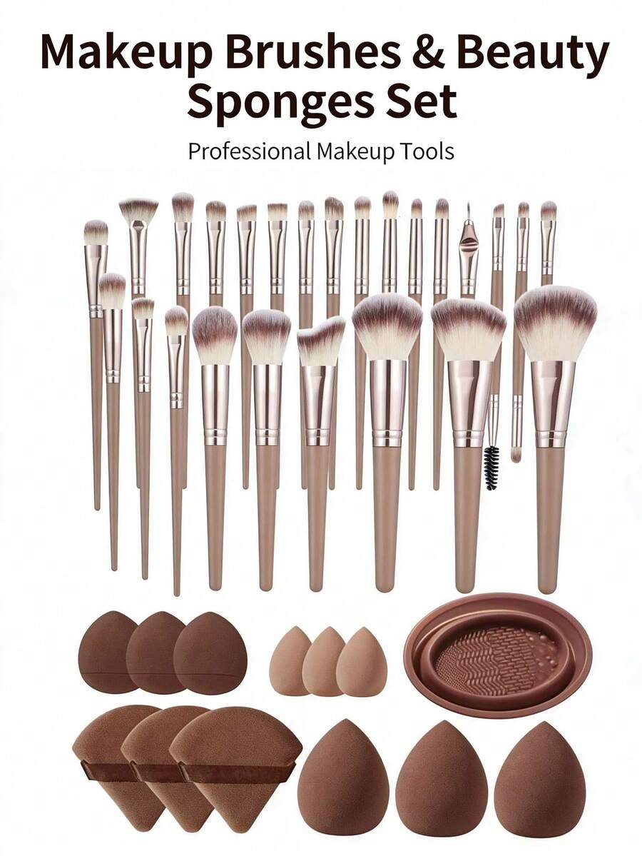 38pcs Makeup Brush Set, Includes: 25pcs Makeup Brushes + 3pcs Makeup Sponges + 3pcs Mini Makeup Sponges + 3pcs Makeup Powder Puffs + 3pcs Mini Air Cushion Puffs + 1pc Makeup Brush Cleaning Tool - Coffee Brown - View 1