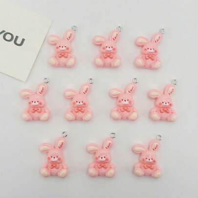 10个粉色蝴蝶结爱心长耳兔树脂吊坠，适合手工珠宝制作、耳环、项链、手链、包包挂饰、派对小礼物