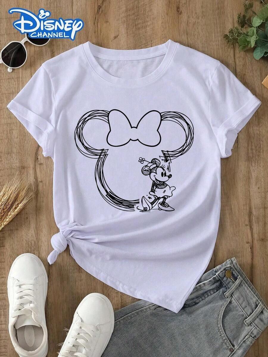 Disney Lady's T-Shirt, Featuring A Mickey Mouse Line Cartoon Pattern Print. Spring/Summer Style Women's Round-Neck T-Shirt. The Fabric Is Soft, Comfortable And Breathable, Suitable For Daily Wear, Shopping, Traveling, Parties, And When At Home. It Is Also Suitable As A Beautiful Gift. Every Lady Deserves To Own One. - 白色 - 查看 1