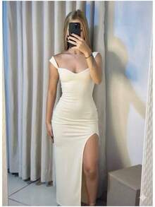 Elegant Women's Long RILARY Dress With Side Slit And Off-The-Shoulder Neckline – Fitted Style For Parties/Evenings - OFF WHITE - 查看 2