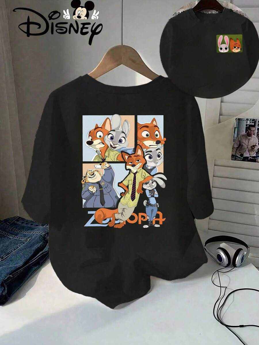 Disney Casual Women's Black Zootopia Graphic Print Cotton T-Shirt With Round Neck And Regular Short Sleeves Slight Stretch - 黑色 - 查看 1
