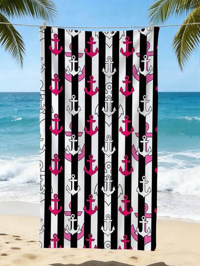 1pc Black And White Vertical Stripes Paired With Blue And White Boat Anchor Pattern Beach Towel, Soft, Absorbent, Ultra-Fine Fiber Beach Towel, Suitable For Travel, Vacation, Outdoor Sports, Swimming, And Camping, A Must-Have Beach Item For Summer,