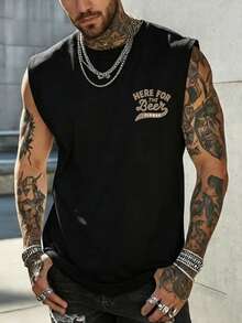 休闲街头风格 | 男士夏季无袖背心 | 卡通啤酒罐印花和“来喝啤酒”字样 - 黑色 - 查看 4