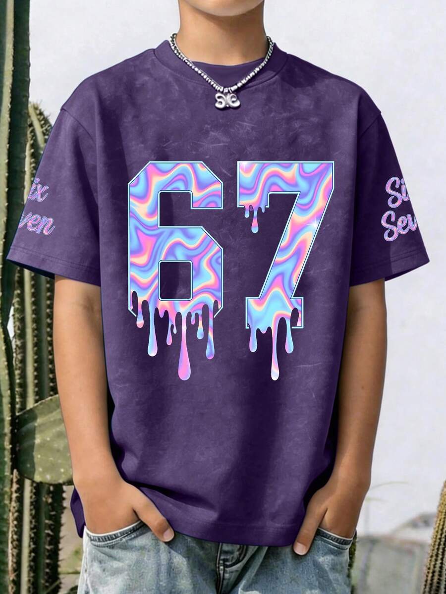 男童休闲印花短袖系列,渐变“67”数字和“SIX SEVEN”字母印花设计,适合夏季穿着 - 紫色 - 查看 1