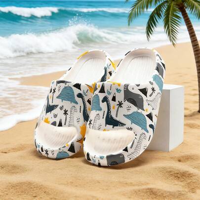 Kids' Foam Slippers With Simple Dinosaur Print, Non-Slip Soft Bottom, Lightweight, Casual Indoor Slippers For Boys And Girls