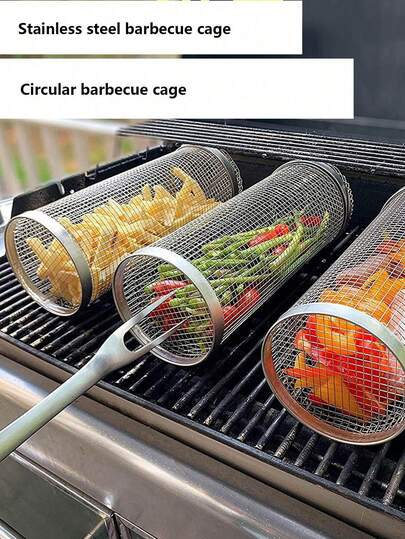 1 giỏ nướng rau củ bằng thép không gỉ, giỏ nướng lưới tròn di động dùng cho cắm trại ngoài trời.