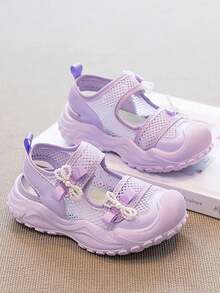 1 Pair Girls' Light Purple Princess Sandals, Decorated With Faux Pearl Bow, Mesh Synthetic Leather Closed Toe Anti-Collision Design, Breathable Non-Slip Thick Sole, Adjustable Hook And Loop, Suitable For Summer Beach, Outdoor And Daily Play - Purple - View 6