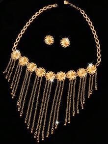 3件套菊花造型18K镀金黄铜+香槟金优雅V形流苏项链，展现法式浪漫迪拜风情，适合新娘、婚礼、情人节、周年纪念日佩戴，亦可作为女士礼物。 - 香檳色 - 查看 8