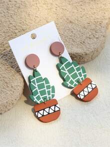 1对女士仙人掌盆栽印花陶瓷质感INS风设计可爱优雅长耳环 - 彩色 - 查看 2