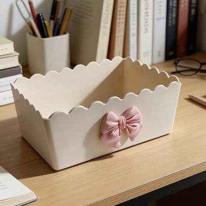 2pcs/Set [1pc Storage Box + 1pc Pink Bow] Cream Colored Bow Storage Box, Student Desk Stationery Organizer, Home Miscellaneous Storage Basket, Baby Storage