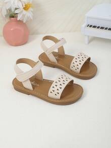 1 Pair Toddler/Kids Beige Flat Sandals, Soft PU Leather, Triangular Cutout, Hook And Loop Strap, Round Peep Toe, Non-Slip Soft Sole, Fashion Princess Style Beach/School/Party Wear, Suitable For 3-12 Years Old Girls, Spring/Summer 2026 - Beige - View 3