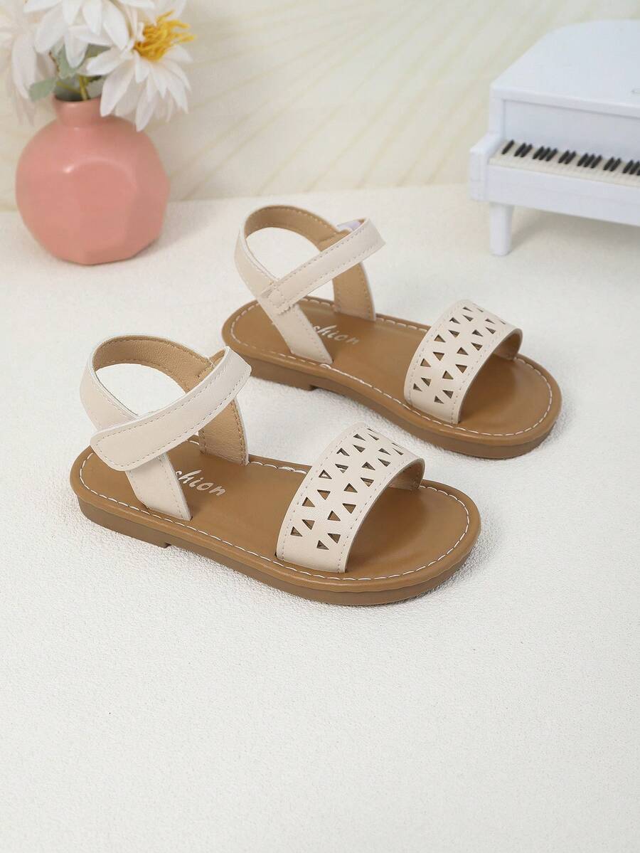 1 par de sandalias planas beige para niños pequeños/niños, de piel sintética suave, con corte triangular, cierre de , punta abierta redonda, suela suave antideslizante, estilo princesa para uso en la playa/escuela/fiesta, adecuado para niñas de 3 a 12 años, primavera/verano 2026 - Beis - Ver 1