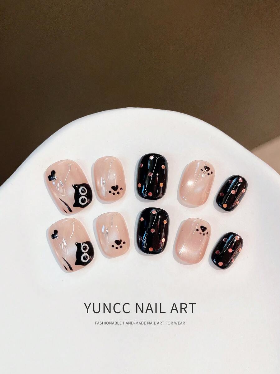 10pcs Handmade Cartoon Cat Nail Stickers, Suitable For Valentine's Day Gift, Spring/Summer, Round Nail Stickers, Removable And Reusable Nails Handmade Press On Nails