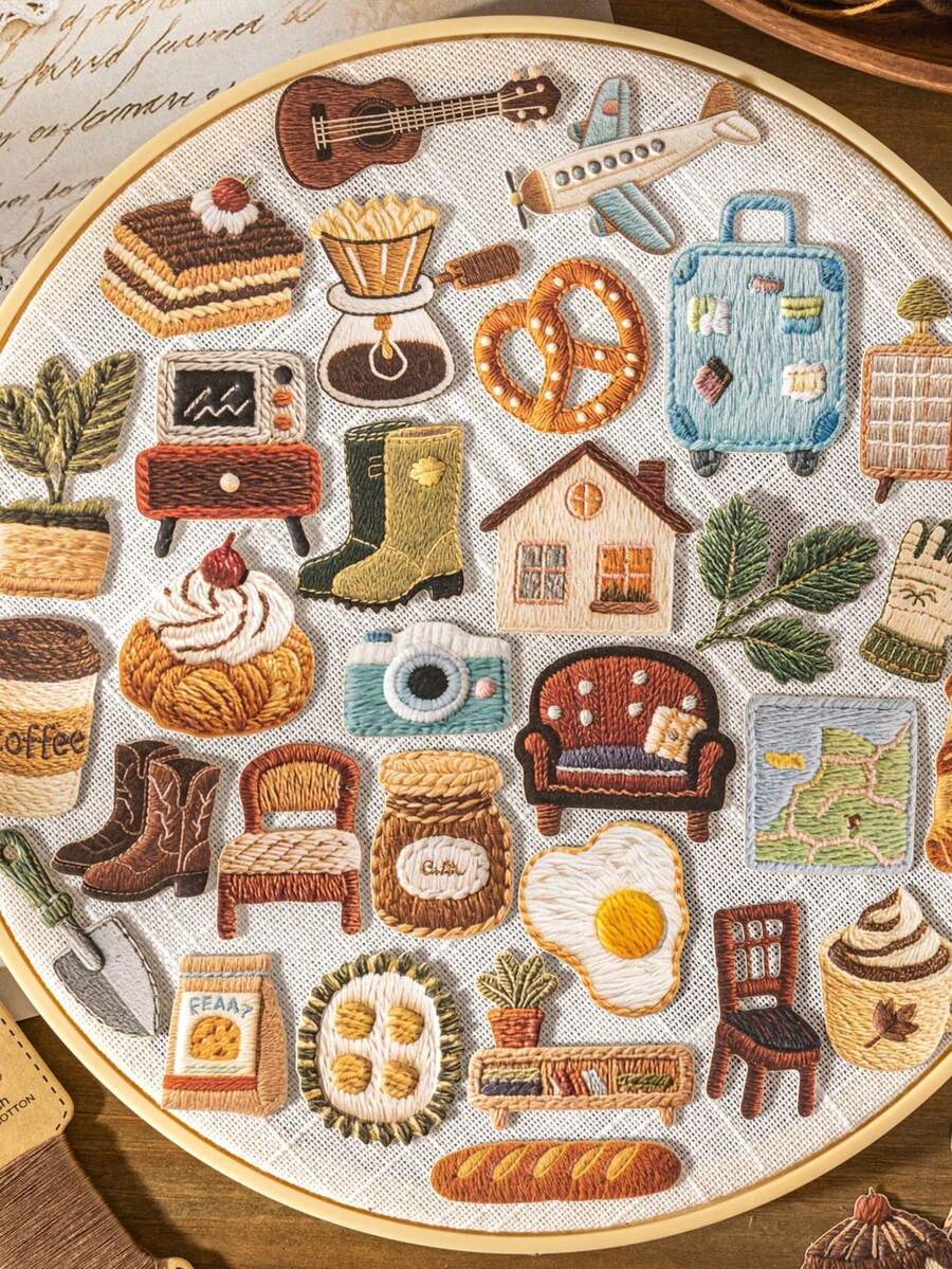 30pcs/Pack Vintage Embossed Knit Texture Warm Stickers, Suitable For Scrapbooking, Planner, Album, Notebook, Desktop Decor, DIY Crafts - A - View 1