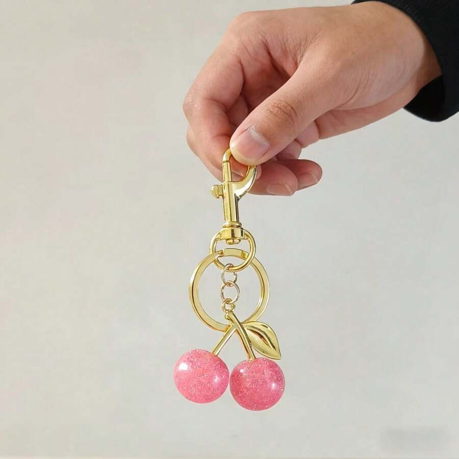 1pc Cherry Bag Charm Keychain - Car Cherry Accessory Keychain, Women's Bag Charm Gift, Valentine's Day Gift - Gold+Rose Pink - View 1