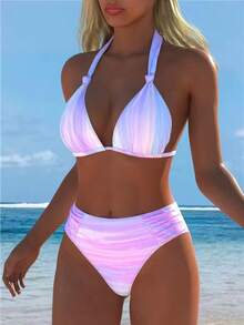 Conjunto de bikini triángulo con cuello de halter degradado para mujer, adecuado para vacaciones de verano en la playa - Multicolor - Ver 2