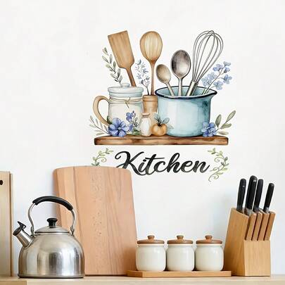 1/2 件装厨房墙贴水彩花卉餐具马克杯架设计可撕贴可移除，适用于餐厅橱柜农舍乡村美学家居装饰墙贴