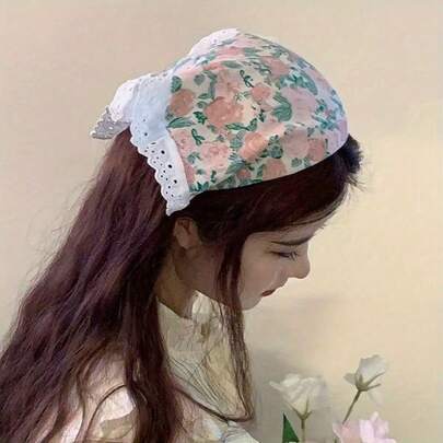 OBOVAY Vintage Floral Print Triangle Head Scarf With Lace Trim, Coquette Aesthetic Hair Kerchief For Women Mother's Day Gift