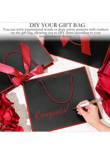 5个/套或1个黑色牛皮纸礼品袋，带红色装饰边，可用作购物袋、手提包装袋、蝴蝶结手提袋、万圣节糖果袋、大号白色纸袋。适用于万圣节、感恩节、圣诞节、独立日、2026年毕业季、返校季、新年、婚礼、生日等各种场合的礼品包装。 - 多色 - 查看 3