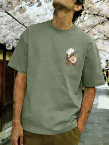 男士东方绘画花卉印花简约休闲圆领短袖上衣 - 薄荷綠 - 查看 4