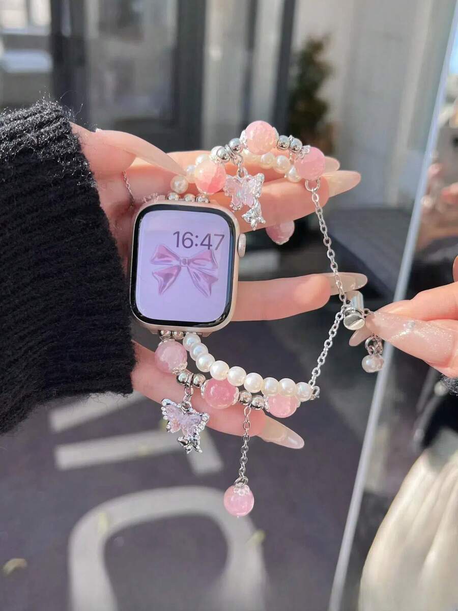 适用于 的夏季蜜桃粉色宝石珍珠蝴蝶手镯式表带，适用于 Ultra/SE 2/SE 1/Series 11/10/9/8/7/6/5/4/3/2/1，尺寸为 38/40/41/42/44/45/46/49 毫米 - 粉色 - 查看 1