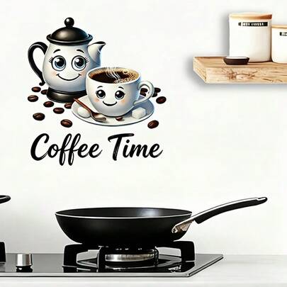 1/3 miếng dán tường chủ đề Giờ uống cà phê: Hình dán cốc và ấm cà phê cười, dễ dán, có thể tháo rời, làm tranh dán tường nghệ thuật bằng vinyl cho nhà bếp, phòng ăn, quầy cà phê, quán cà phê, trang trí nhà cửa theo phong cách thẩm mỹ.