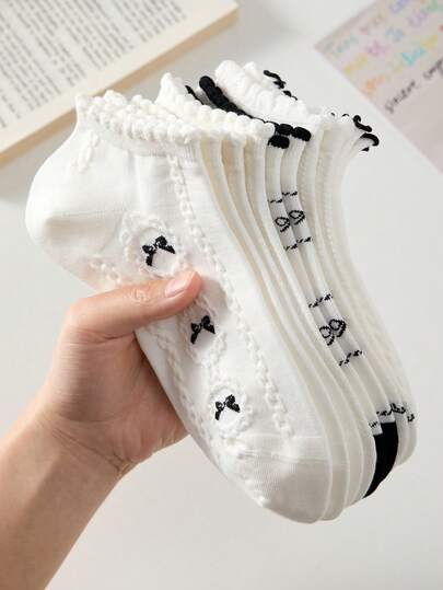 5 pares de calcetines de tobillo para mujer con diseño de lazo en color blanco, transpirables y antideslizantes, aptos para primavera y verano