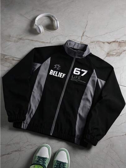 Chaqueta de moda urbana para hombre, de poliéster, cortavientos funcional, estampado de 67 letras, estilo casual y suelto, versátil