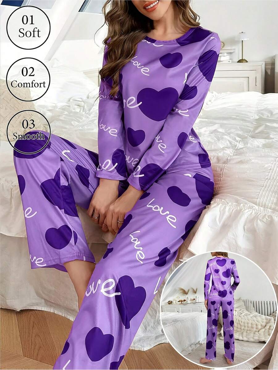 Ensemble de pyjama et de vêtements d'intérieur avec manches longues et pantalon long pour femmes, spécialement conçu pour la Saint-Valentin, avec des imprimés de cœurs et de slogans, convenant à l'automne et à l'hiver, tissu confortable et coupe ample pour une soirée cocooning, décoré d'un beau motif, pantalon long avec taille élastique. - Couleurs mélangées - Voir 1