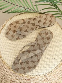 Women's Letter Jacquard Flat Slide Sandals, With Gold Metal Buckle, Slip-On Open Toe Casual Beach Slippers - Khaki - View 8