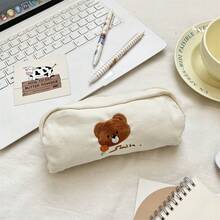1pc Cute Cartoon Bear Embroidered Pencil Case, Korean Style, Student Stationery Pouch, Large Capacity Pen Bag, Cosmetic Bag, Makeup Brush Holder, Student Stationery Supplies - Bear Embroidery - View 8