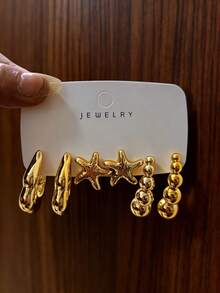 6-18pcs European And American Personalized Water Drop C-Shape Heart, Mermaid Tail, Rose Flower, Smooth Asymmetrical Earrings Set - Gold - View 10